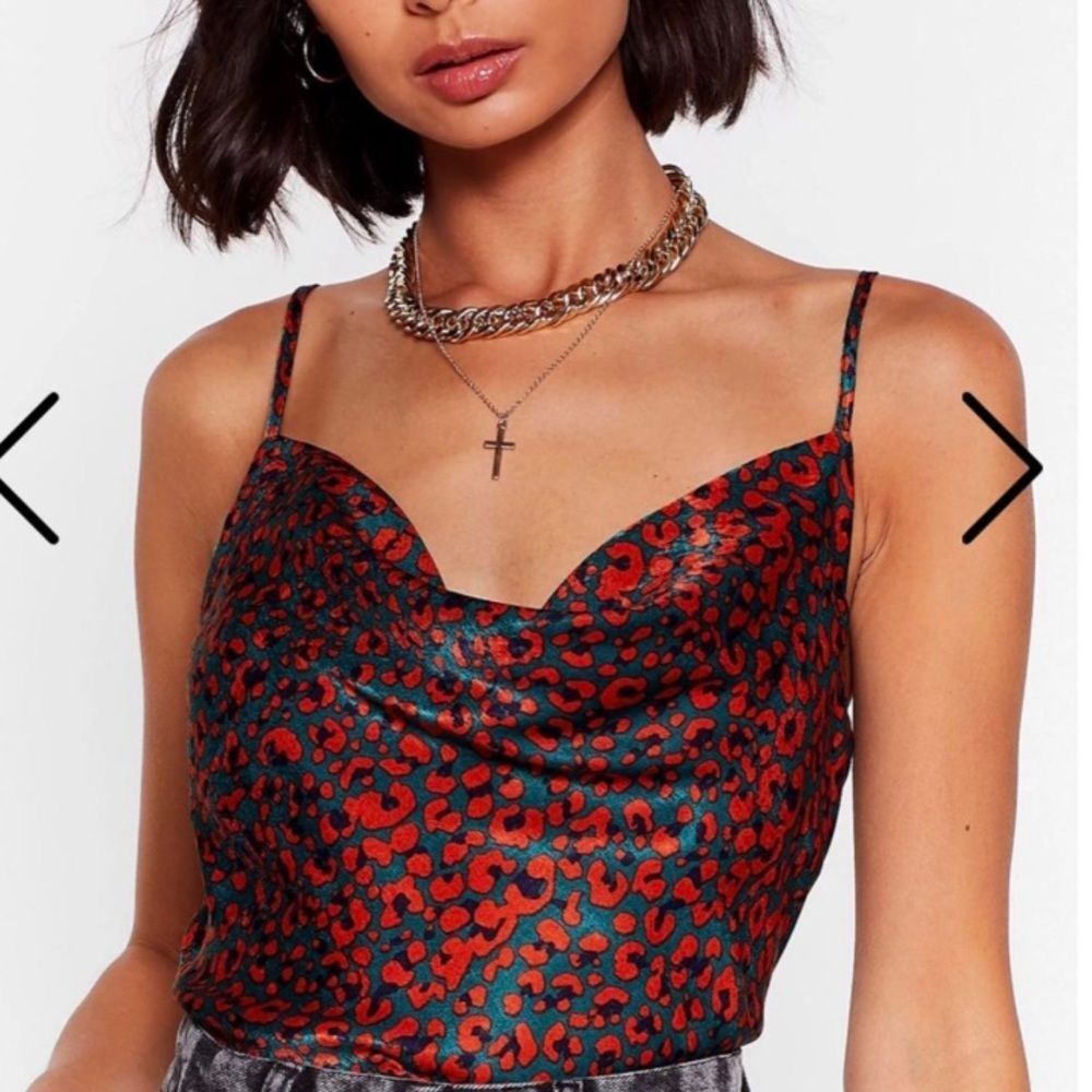 Nasty Gal Animal Leopard Print Orange Green Satin Camisole Tank Top Sz 4 Cowl